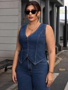 SHEIN Essnce Plus Size Denim Jacket, Minimalist Style Suitable For Summer - Navy Blue - View 5