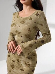 Modelyn 女士优雅玫瑰提花系带针织中长连衣裙，长袖，圆领 - 棕色 - 查看 8