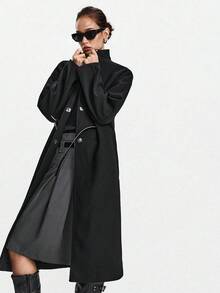 Lumivelle 绿色女式简约宽松腰带装饰长款羊毛大衣 - 黑色 - 查看 5