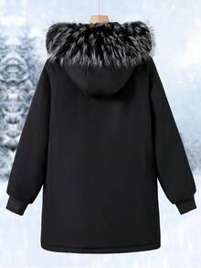 Tween Girl Long Hooded Padded Coat With Fur Collar And Large Pockets, Suitable For Casual Daily Wear, Commuting And School Fall Winter - Black - View 2