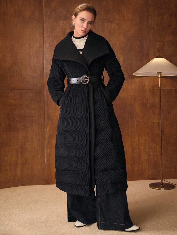 WOMEN'S CORD PATCHWORK PADDED COAT WITH BELT