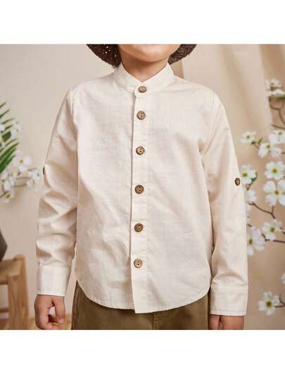 Loomiva 1 件男童纯色休闲百搭立领长袖纽扣衬衫，卡其色衬衫，基本款上衣，返校，适合花园、海滩、生日，儿童格子衬衫，男童翻领衬衫，儿童长袖衬衫，男童衬衫套装，男童浅黄色格子衬衫，格子衬衫，适合冬季