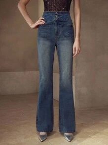 MOTF PREMIUM WOMEN'S VINTAGE HIGH WAIST WASHED FLARE LEG JEANS, AUTUMN - Blue - View 1