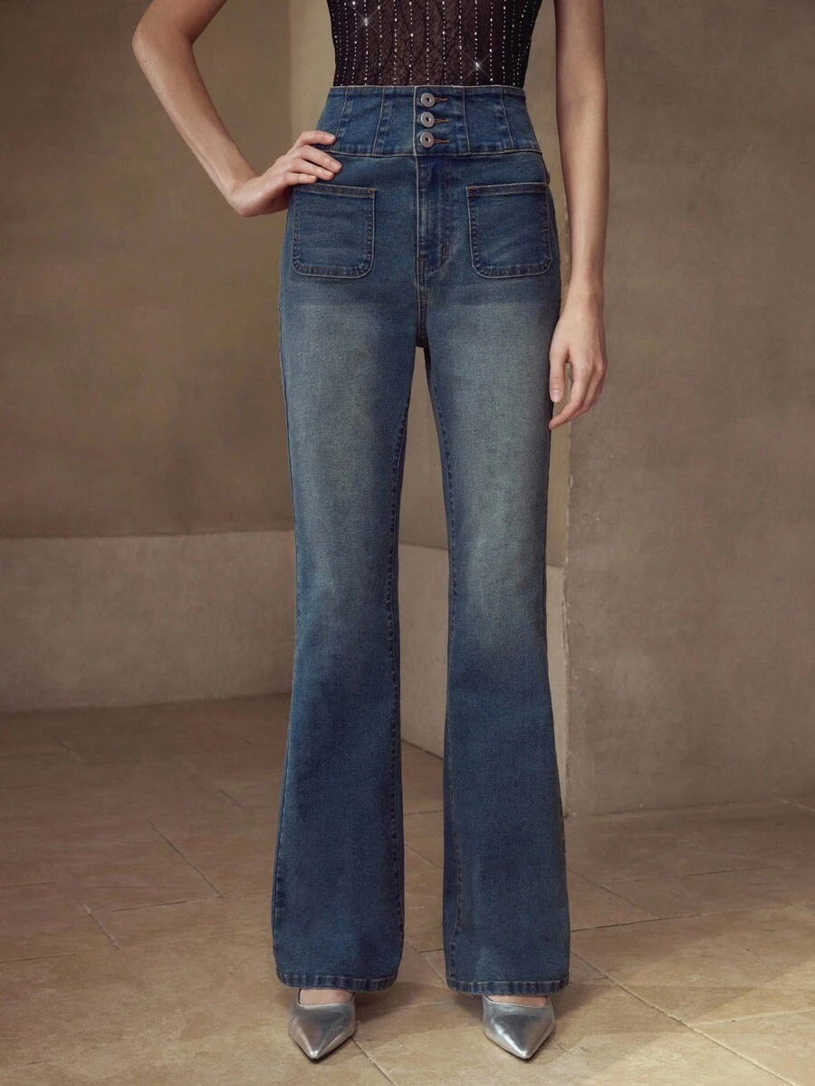 MOTF PREMIUM WOMEN'S VINTAGE HIGH WAIST WASHED FLARE LEG JEANS, AUTUMN - Blue - View 1