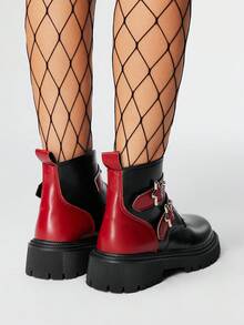 ROMWE Grunge Punk Women Punk Style Ankle Boots, Colorblock Round Toe Chunky Platform 5cm Heel, Metallic Studs, Double Hook And Loop Strap, PU Leather, Daily & Casual - Black - View 5