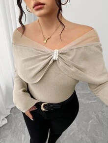 Elenzga Suéter elegante de talla grande con parches de malla y decoración de cuentas, con hombros descubiertos, adecuado para primavera y otoño - Caqui - Ver 6