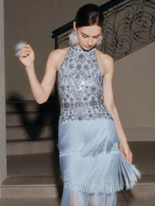 Anewsta 女士高端性感流苏露背奢华优雅鸡尾酒会礼服