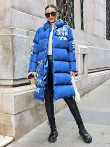 EURMUSE Plus Size Women Winter Slogan Print Full Zip Long Hooded Padded Coat - Royal Blue - View 3