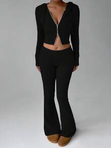 FavEase Bộ đồ thể thao thường ngày kết hợp họa tiết gân lông cừu màu be có khóa kéo và quần ống loe cổ điển dành cho nữ, tủ đồ thiết yếu tối giản, mùa xuân và mùa thu - màu đen - Xem 6