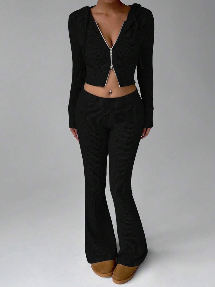 FavEase Beige Fleece Ribbeltextuur Zip Up Cropped Hoodie En Retro Flared Leg Broek All-Match Casual Sport Set Voor Vrouwen, Minimalistische Essentiële Garderobe, Lente & Herfst - Zwart - Bekijken 6