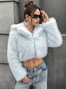 SHEIN ICON 秋冬女士夸张派对浅蓝色仿皮草大衣 - 淺藍色 - 查看 6