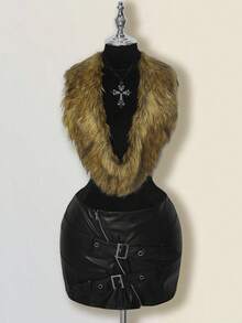 SHEIN ICON 女式时尚性感露背仿皮草上衣秋季女装