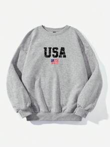 SHEIN EZwear Áo nỉ dài tay cổ tròn in họa tiết đơn giản ngày độc lập cờ Mỹ cho nữ, áo nỉ dài tay cổ tròn cỡ lớn thường ngày màu xám nhạt thả vai cho nữ mùa xuân/thu, áo dài tay - Màu Xám nhạt - Xem 4