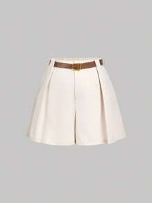 SHEIN MOD 大码女式 70 年代复古桃色褶皱百慕大短裤，附赠棕色皮带 - 波西米亚、西部、垃圾朋克风格，非常适合度假、节日和休闲穿着 - 杏色 - 查看 5