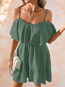 Amorya Vestido Camisole Elegante e Romântico Feminino de Tecido de Chiffon Texturizado Verde Sólido com Ombros à Mostra e Bainha Franzida, Primavera/Verão Férias