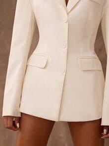 SHEIN BAE 女士优雅纯色腰部收紧西装外套，适合通勤 - 杏色 - 查看 8