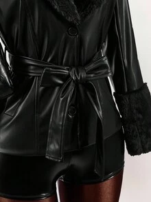Amplova 纯色毛领拼接PU腰带PU夹克 - 黑色 - 查看 6
