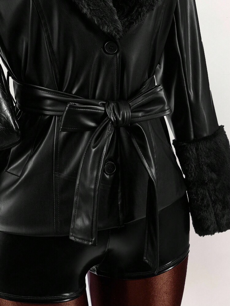 Amplova Solid Color Fur Collar Splicing PU Waist Tie PU Jacket - Black - View 6