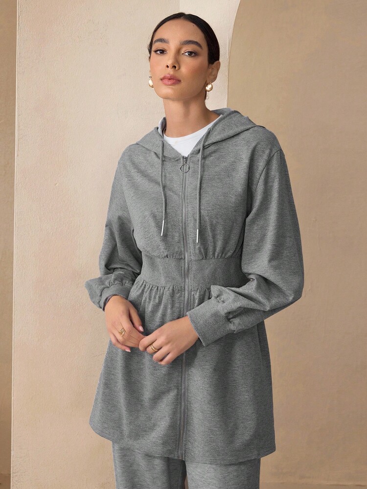 Graceveil Slimming Zip-Up Hooded Casual Long Sleeve Fashion Jacket,Long Trench Coat  Elegant Style Fall Winter Cloth For Women - Grey - View 2
