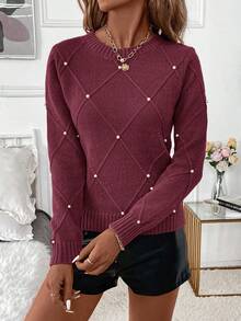 Editum Áo len nữ họa tiết kim cương mùa đông đính ngọc trai, cổ tròn, thích hợp cho kỳ nghỉ, tiệc tùng, lễ hội âm nhạc, đồ mặc nhà, sự kiện trở lại trường, làm quà tặng và mua sắm, áo len mùa thu, trang phục nữ thanh lịch, áo cơ bản - Màu Đỏ Sâu - Xem 6