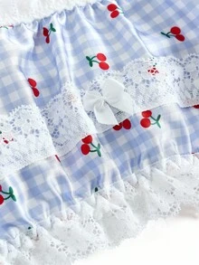 2件套俏皮可爱甜美格子缎面樱花花卉蕾丝无钢圈平角裤灯笼裤女士内衣套装浅紫色卡哇伊 - 淡紫色 - 查看 7
