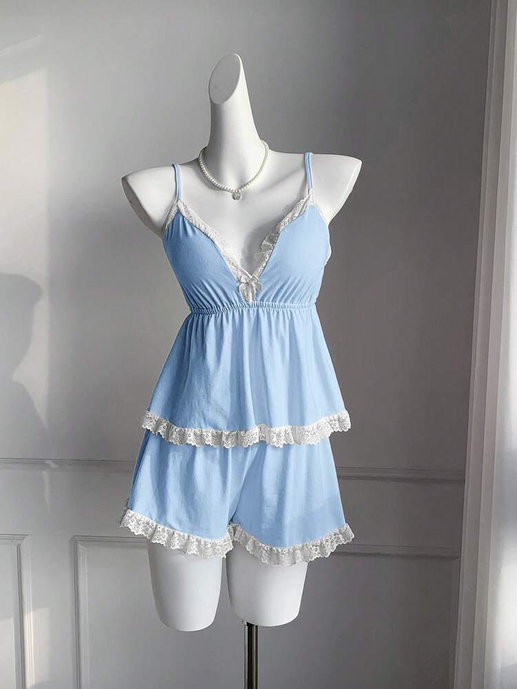 Comfortcana 夏季针织吊带背心，带衬垫胸罩和短裤蕾丝边套装 - 藍白色 - 查看 6