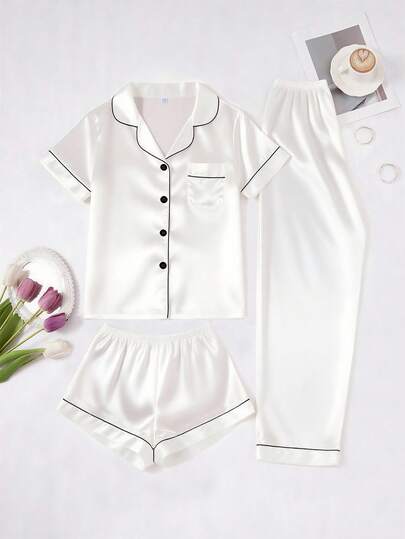 Women Contrast Faux Zijden Collar Pajama Set Satijnen Sleepwear Wit Pj Pjs