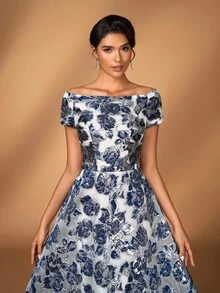 Serin 优雅奢华提花欧根纱露肩花卉长裙，适合婚礼、派对、度假、舞会、新娘和母亲的晚礼服 - 藏蓝色 - 查看 2