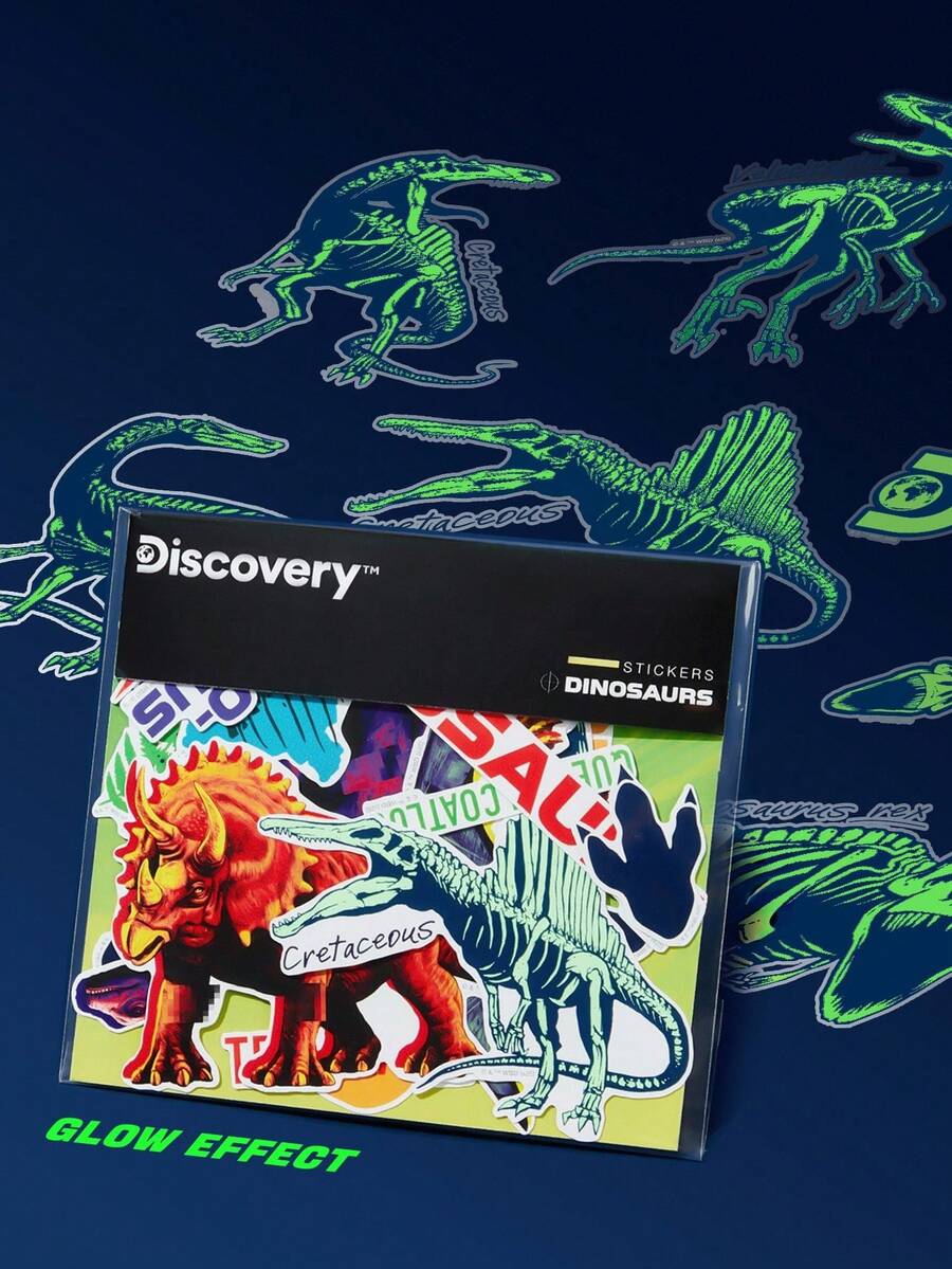 Discovery X SHEIN 42张卡通图案贴纸套装，适合学生、男士和女士，可用于笔记本、日记本、工艺品等物品。也可用于个性化滑板、笔记本电脑和行李箱。可移除背胶，易于撕除不留残胶，图案包括恐龙和霸王龙。
