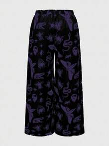 ROMWE Goth Plus Size Fashion Dark Moth Snake Skull Print Wide Leg Pants - Purple - View 2