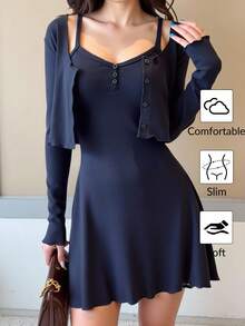 SHEIN 少女海军蓝吊带背心连衣裙搭配羊毛开衫，休闲简约装扮，返校季 - 藏蓝色 - 查看 1