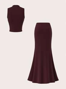 SHEIN Tall Dark Plum Knitted Fishtail Long Skirt + Small High Collar Top Two Pieces Suit - Brown - View 2