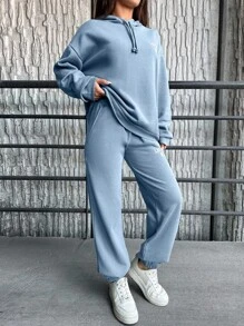 EURMUSE Cotton Women's Letter Print Hoodie And Long Pants Two Pieces Set - Blue - View 5