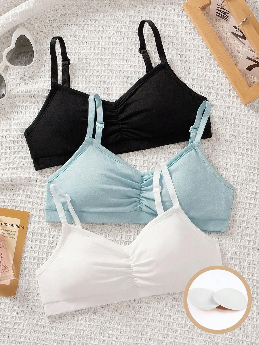 SHEIN 青少年女孩简约舒适褶皱 V 领可调节加厚透气柔软 3 件内衣套装，包含可拆卸胸垫、可调节肩带 - 彩色 - 查看 1