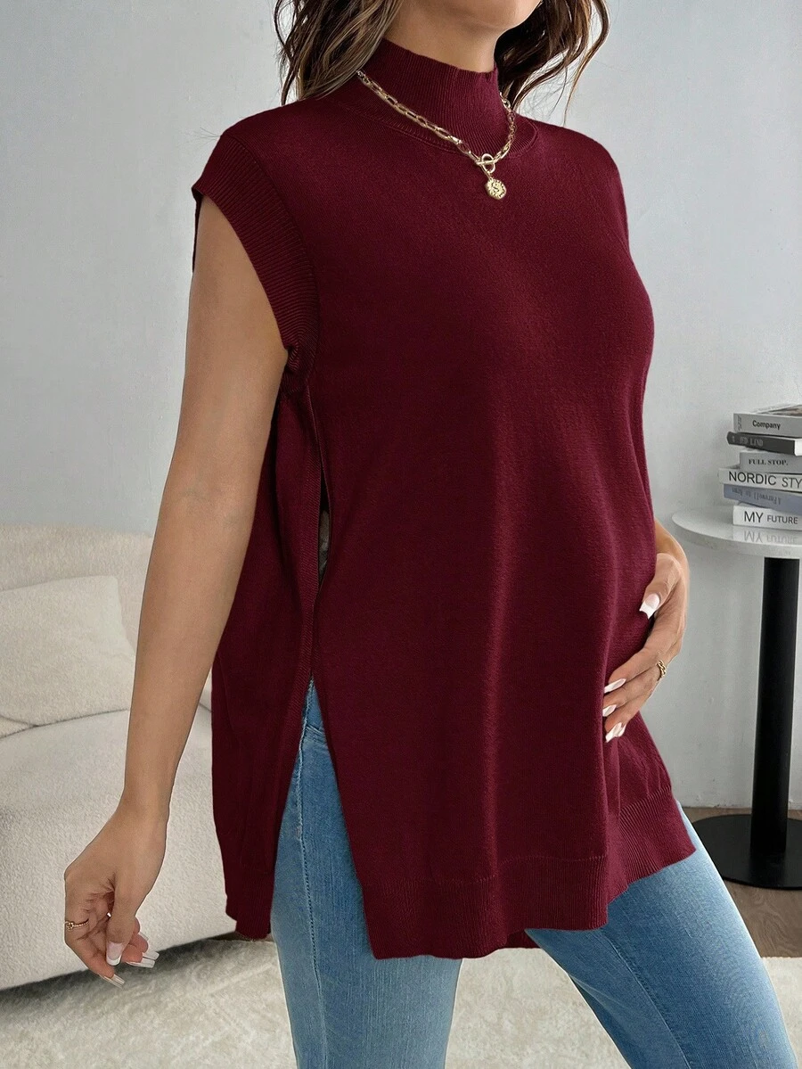 SHEIN Maternity Casual Commuter Solid Color Stand Collar Side Slit Knit Vest