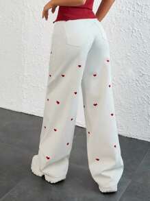 EURMUSE WOMEN WIDE LEG LOW WAIST HEART EMBROIDERY DETAIL JEANS - White - View 5