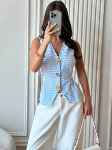 Firerie Women's New Elegant Blue And White Striped Sleeveless Round Neck Blouse With Metal Decor, Casual Office Wear, Autumn/Winter, Commuting, Elegant, Layering For Fall - Blue - View 6