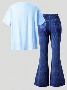 2pcs/Set Cartoon Girl Print Casual Minimalist Short Sleeve Top And Pants For Teen Girls - Blue - View 8