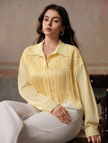 Anewsta Plus Size Women Fringe Elegant Blouse - Yellow - View 6