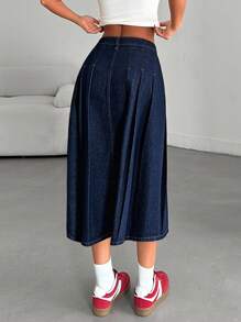 EURMUSE Solid Color Slant Pocket Fold Pleated Denim Midi Skirt Raw Wash - Dark Wash - View 2