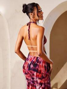 Hauture Summer Vacation Boho Print Shirred Halter Open Back Top - Multicolor - View 3