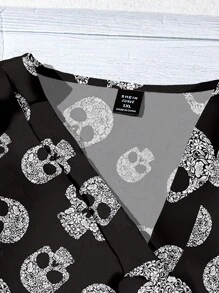 EMERY ROSE 大码女装日常休闲度假粉色V领小飞袖节日风万圣节骷髅图案宽松衬衫女士夏装女士度假服装女士夏装女士外出上衣可爱夏季上衣女士夏装 - 黑與白 - 查看 3