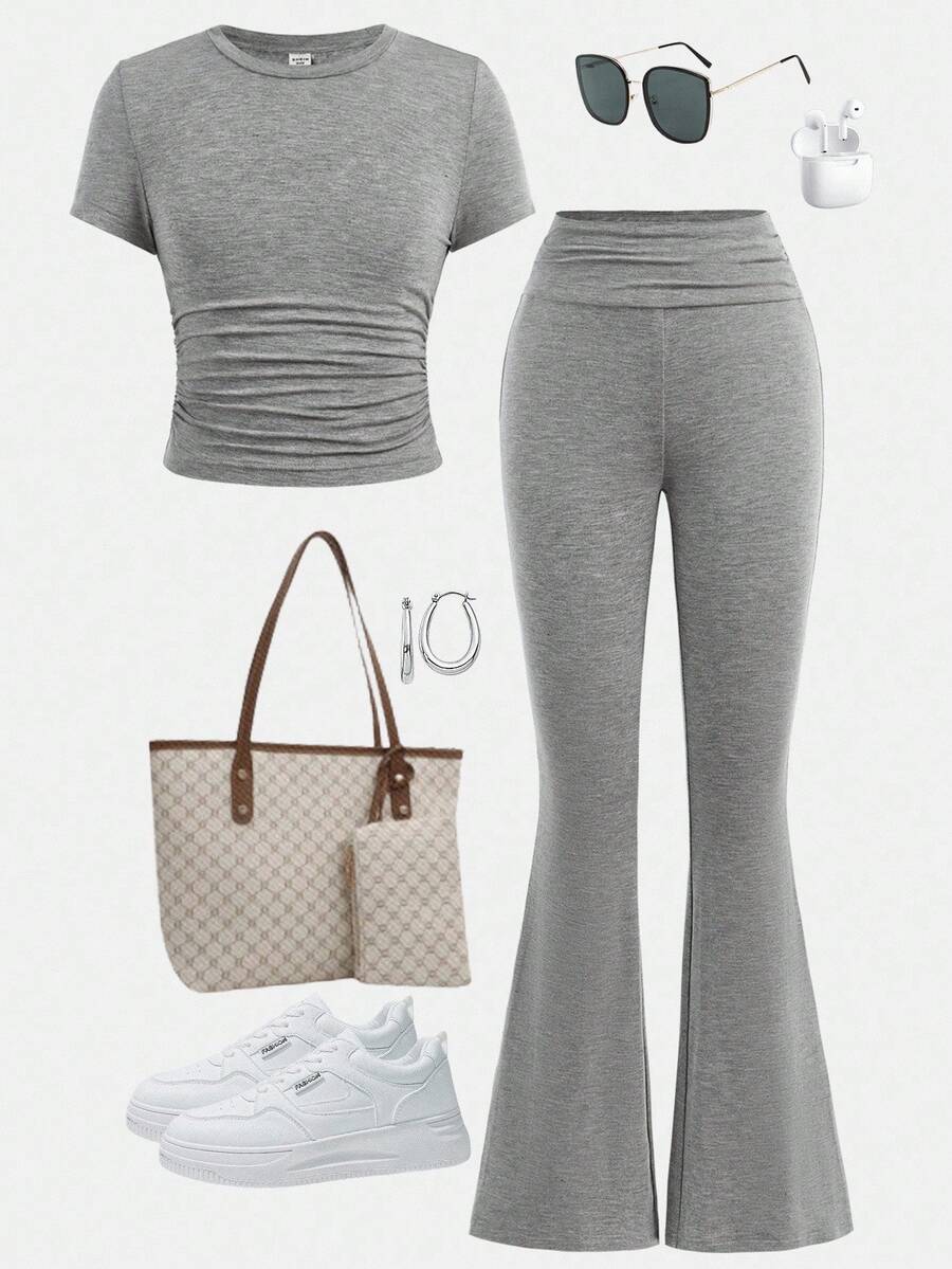 SHEIN Girlism Tween Girl Casual Fitted Light Blue Ruched Crew Neck Top And Ruched Flare Pants Set Grey Pants - Light Grey - View 1