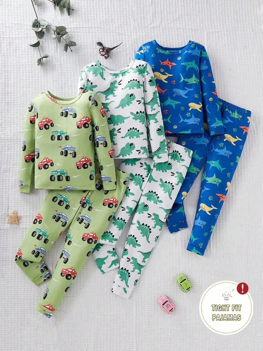 SHEIN Playful Pals 6pcs Young Boy Pajama Set, Featuring Dinosaur, Car, Whale Prints In Multicolor, Snug Fit Long Pants & Long Sleeve Top Combination, Soft & Comfortable Knit Fabric, Minimal Design For Easy Matching, Suitable For All Seasons (3 Sets Sold Separately)