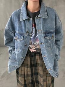 FRIFUL 女式休闲宽松落肩长袖单排扣牛仔夹克，秋季 - 藍色 - 查看 4