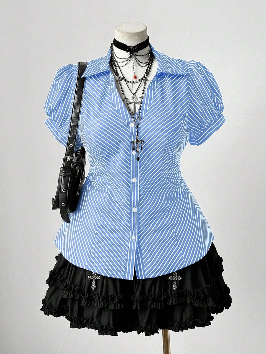 Sunspun 大码女式复古浪漫休闲时尚学院风条纹花卉印花多功能前开灯笼袖休闲衬衫，适合日常穿着、开学季、万圣节、节假日 - 藍白色 - 查看 1