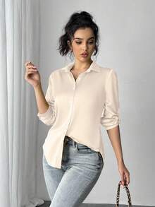 Franclia 女式简约纯色亮面纽扣长袖衬衫，秋季 - 杏色 - 查看 5