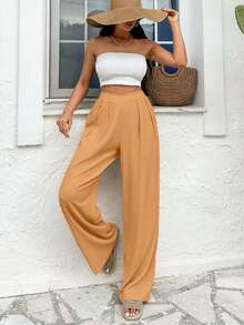 EURMUSE Women's Casual Solid Color Pleated Textured Loose Pants - Camel - View 7