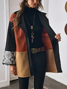 LanaWest Women's Pattern Patchwork Design Loose Flare Sleeve Casual Daily Versatile Woolen Autumn/Winter Jacket - Multicolor - View 7