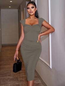 SHEIN Cottnline Women's Elegant Commuter Solid Color Ruched Fitted Dress, Summer - Mocha Brown - View 4